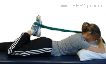 Quadricep stretch performed lying down.  Provides better control and more targetted stretching.  Approved use by www.hep2go.co