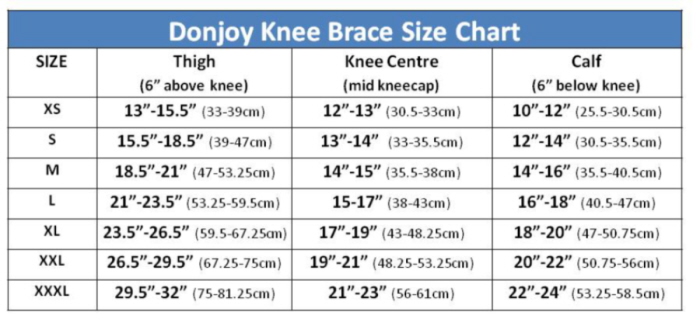 Knee Immobilizer Size Chart