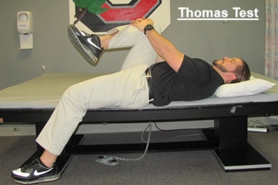 Thomas Test for hip flexor tightness with iliopsoas bursitis. Approved use hep2go.com